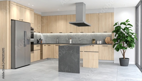 Modern kitchen with wood cabinets, island, stainless steel appliances
