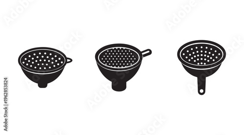 Three black strainer icons in different shapes and sizes for kitchen use  isolated on white background