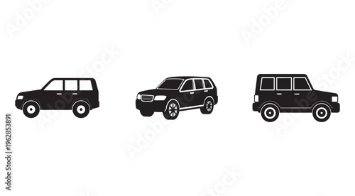 Three black SUVs in different styles and angles on white background  side view  silhouette  vehicle icons