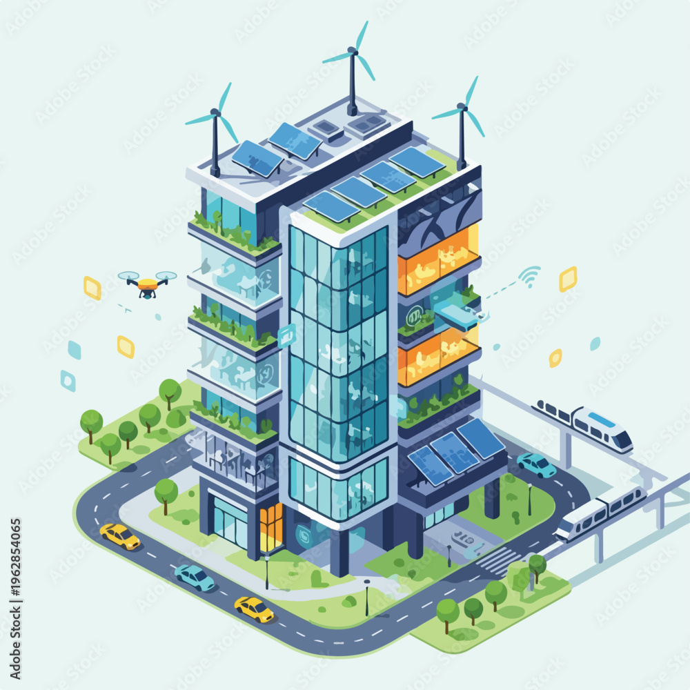 Naklejka premium Modern architectural illustration showcasing sustainable smart city concepts