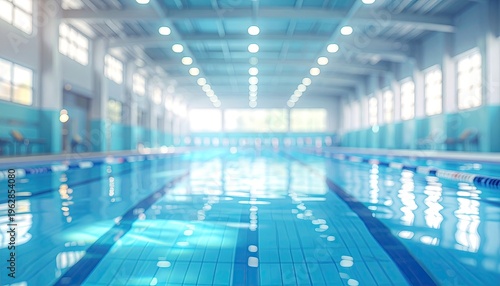 A bright, blurry indoor pool scene with lane lines and overhead lights