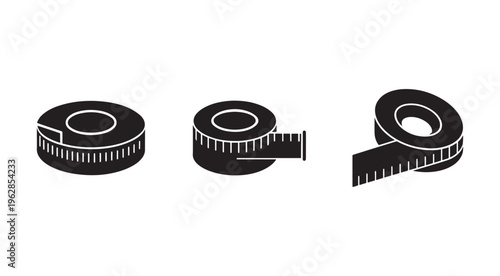 Three black tape measures in different positions for measurement and construction  isolated on white background