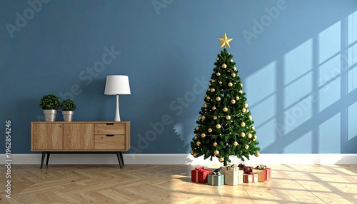 Festive room with Christmas tree, gifts, decor and blue wall