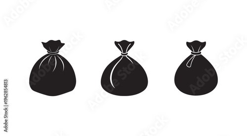 Three black trash bags with different tie styles on white background  isolated  no people