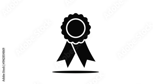 Elegant black rosette award icon featuring a classic ribbon design, symbolizing achievement, quality, excellence, or recognition, rendered with clean lines and a subtle shadow on a pristine white.