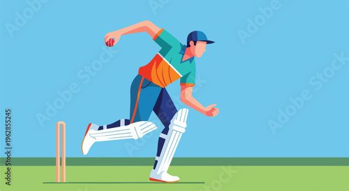 A cartoon image depicting a cricket bowler running towards the stumps