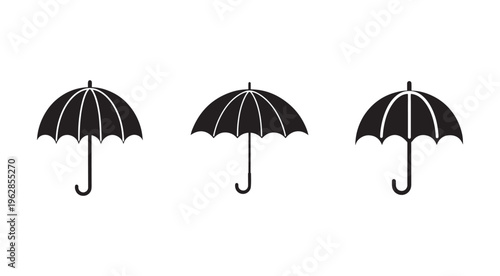 Three black umbrellas with white lines on a white background  simple icons of rain protection