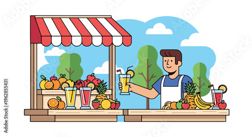 A cartoon image of a fruit stand owner with fresh fruit and juice