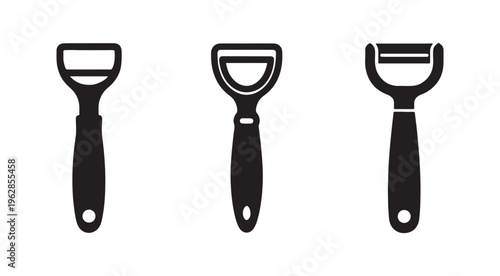 Three black vegetable peeler icons with different shapes and handles on white background for cooking and kitchen use