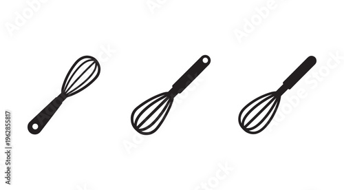 Three black wire whisks with handles for mixing and blending ingredients in kitchen  cooking utensils