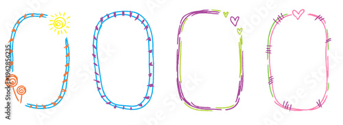 Soft hand drawn borders with minimal scribble texture. Crayon kindergarten frame set ideal for kids photos, diplomas and school use.