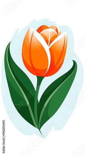 Vibrant Orange Tulip Illustration with Green Leaves and Soft Blue Background.