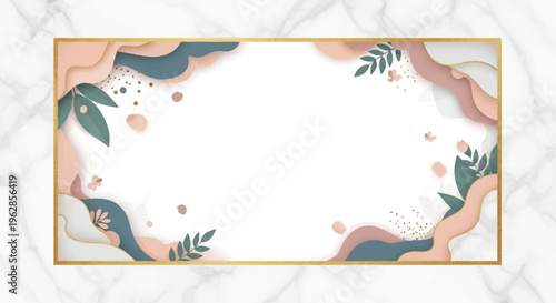 Abstract Organic Shapes Border with Leaves and Gold Frame on Marble Background