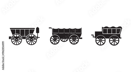 Three covered wagons with different designs on white background  transportation  travel  history