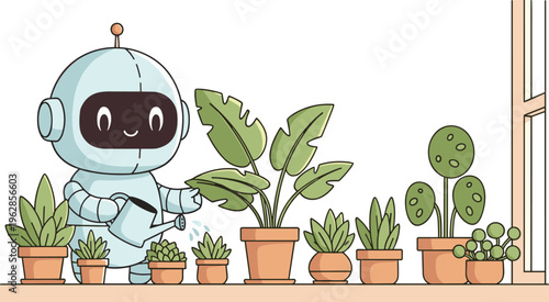 Cartoon vector illustration of smiling robot watering potted plants on windowsill, symbolizing technology, nature care, sustainability, and eco‑friendly lifestyle in modern design.