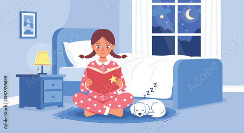 Cartoon vector illustration of child reading bedtime story with dog in cozy bedroom, symbolizing relaxation, family, sleep routine, and nighttime comfort.
