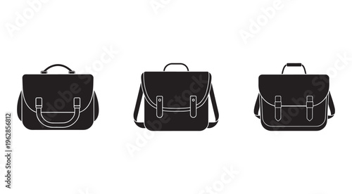 Three different black briefcase silhouettes with white outlines on white background  business bags with handles and straps