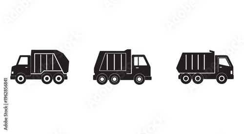 Three different garbage truck silhouettes side view  waste management vehicles  sanitation trucks  recycling trucks