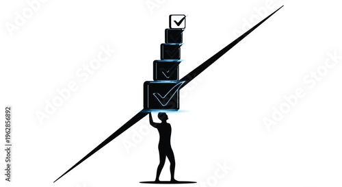 Silhouette of a determined person expertly balancing a challenging stack of glowing blue checkboxes on a precarious diagonal beam, symbolizing the delicate act of managing multiple tasks, achieving.