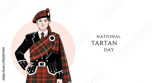 Illustration of a man in traditional Scottish Highland dress celebrating National Tartan Day with a kilt and tam o' shanter against a light background.