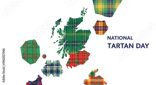 Vector illustration of Scotland map with tartan patterns on National Tartan Day, celebrating Scottish heritage and culture with traditional clan tartans.