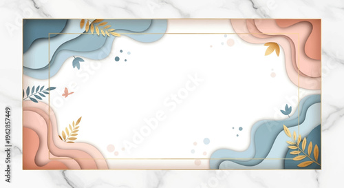 Abstract Paper Cut Waves Frame with Gold Leaves and Birds on Marble Background