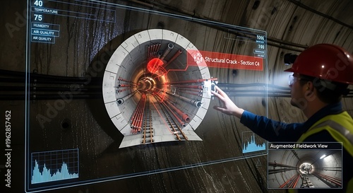 Engineer in a hard hat and safety vest uses a holographic interface to control a tunnel boring machine in an underground tunnel.