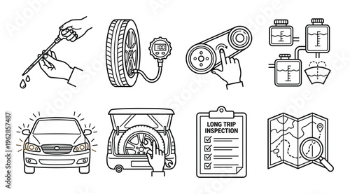 Automotive car maintenance and long trip inspection icons set for service