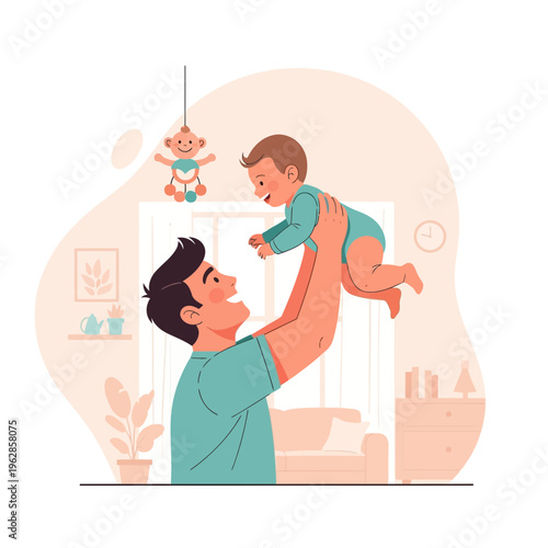 Joyful father lifting his happy baby in the air for playtime in a cozy home setting