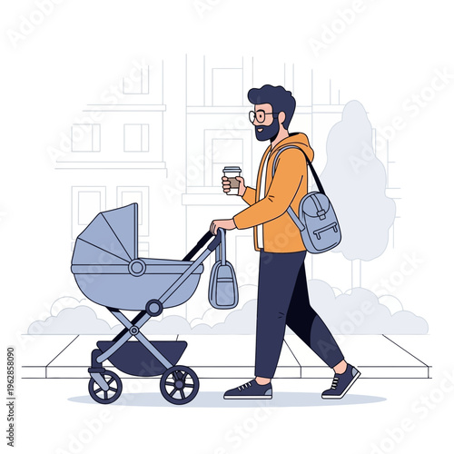 Father pushing a baby stroller with coffee and a backpack walking on a city street