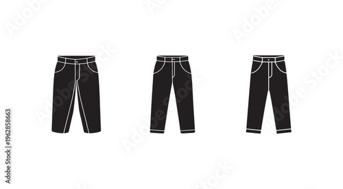 Three pairs of black pants with white outlines in different views  front side and back  isolated on white background