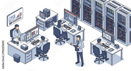It professionals working in a modern server room with computers and data storage systems
