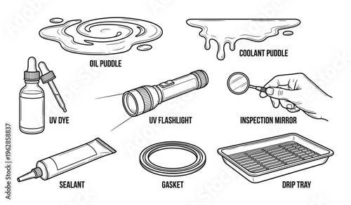 Automotive leak detection kit including uv dye flashlight gasket sealant and inspection accessories