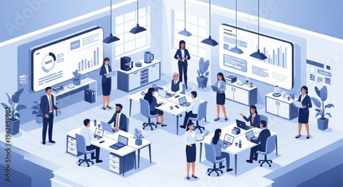 Business people working in modern office with desks computers and data screens teamwork and collaboration concept