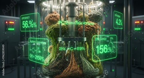 High-tech laboratory setting where a strange, possibly genetically modified organism is being grown in a transparent chamber, with glowing green digital readouts showing various metrics.