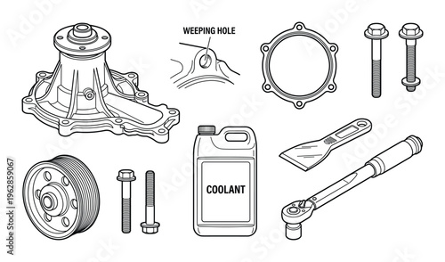 Automotive water pump pulley bolts and coolant with scraper and torque wrench