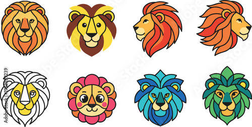 Lion head vector illustration set with colorful mane styles animal mascot icons collection isolated design