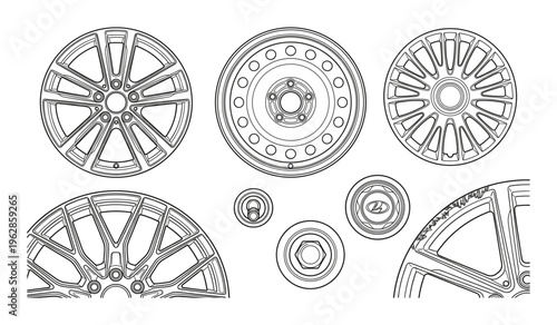 Automotive wheel rims and tire components collection including alloy steel and spoke designs vector