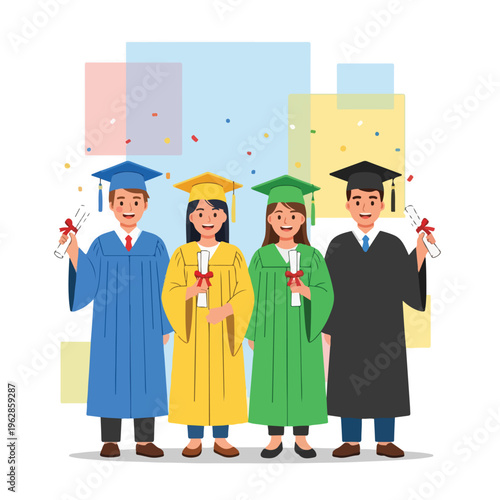 Illustration of four graduates in robes holding diplomas, celebrating