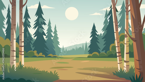 Stylized forest landscape featuring birch trees and a hazy sun