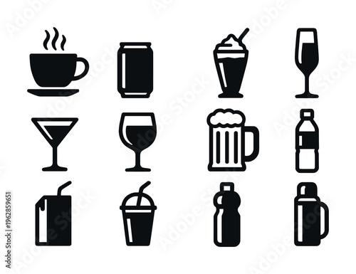 Various beverage icons including coffee, juice, and wine glasses