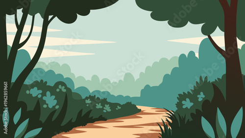 A winding path leads through a stylized lush green forest landscape