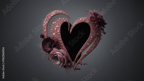 Romantic heart silhouette with roses, pink glitter swirl frame on dark background, Valentine love concept photo