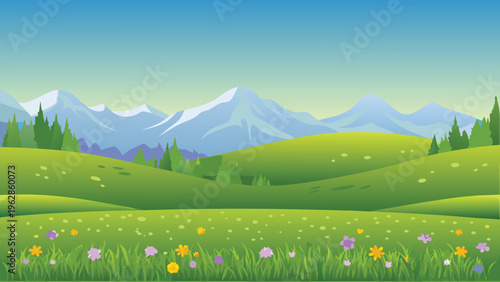 A vibrant cartoon landscape featuring rolling hills and snow capped mountains