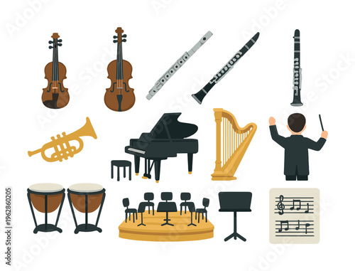 Orchestra instruments with conductor and sheet music