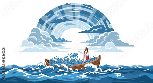 Jesus in a boat on wavy water, surrounded by fish, under a cloudy sky with a blue rainbow.