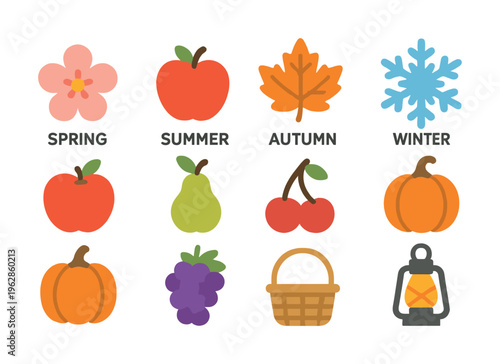Seasonal symbols: spring flower, summer apple, autumn leaf, winter snowflake, fruits, and lantern