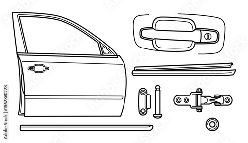 Car door parts and details set line vector illustration isolated on background
