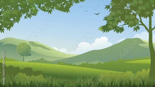A serene landscape with rolling hills trees and a clear blue sky