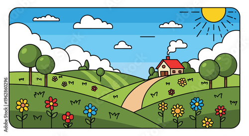 A cartoon scene of a sunny day in the countryside with hills and flowers